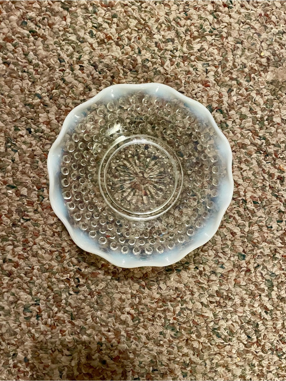 Scalloped Opalescent Glass Bowl with Hobnail Texture